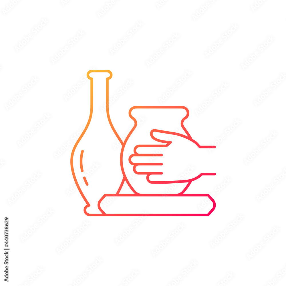 Handmade pottery gradient linear vector icon. Ceramic vessels creation. Making pottery on wheel. Handcrafted sculpture. Thin line color symbols. Modern style pictogram. Vector isolated outline drawing
