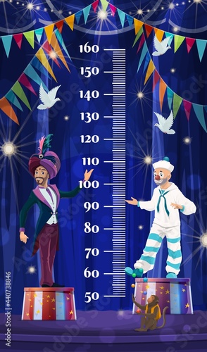 Kids height chart, shapito circus. Growth measure meter with cartoon big top tent arena with artists ape juggler, clown sailor and magician. Vector wall ruler with scale for baby height measurement
