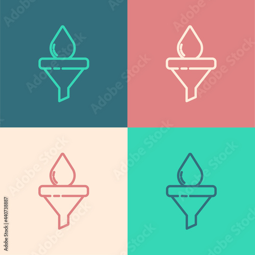 Pop art line Funnel or filter and motor oil drop icon isolated on color background. Vector