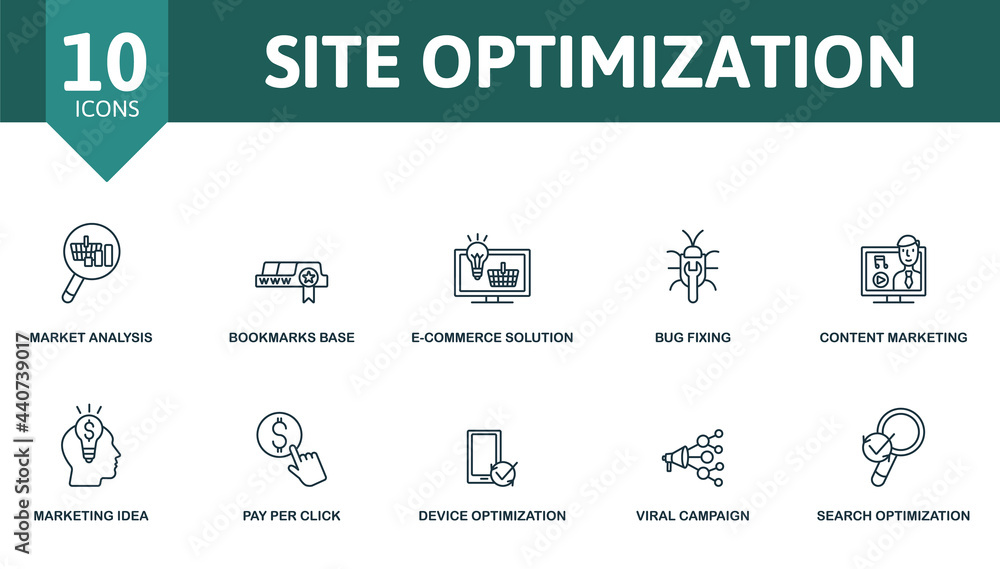 Site Optimization icon set. Contains editable icons seo theme such as market analysis, e-commerce solution, content marketing and more.