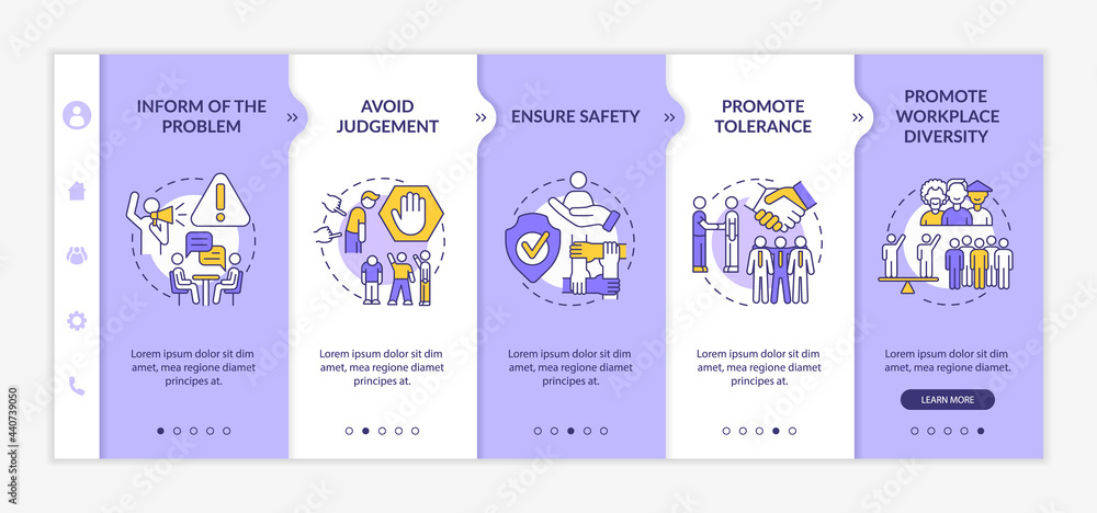 Workplace discrimination onboarding vector template. Responsive mobile website with icons. Web page walkthrough 5 step screens. Promote workforce diversity color concept with linear illustrations
