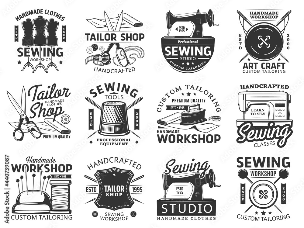 Sewing and tailor icons, vector emblems. Custom tailoring service and tools thimble, mannequin with scissors and vintage iron. Handmade workshop, fashion studio, dressmaker atelier retro labels set