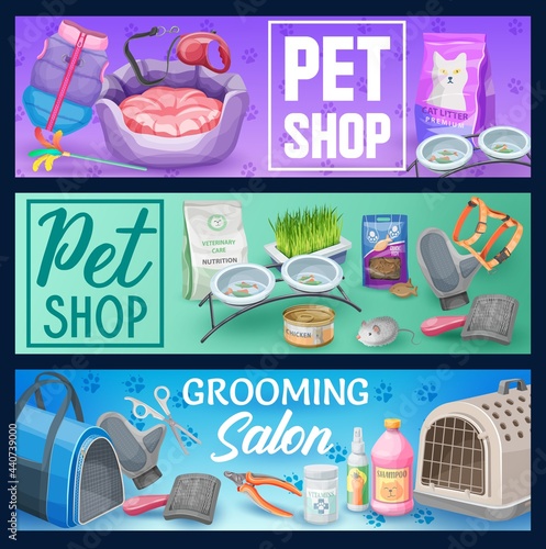 Cat pet animal care vector banners with pet shop supplies and grooming salon accessories. Cat or kitten food, bed, toys and bowls, brush, shampoo, carrier and leash, litter, nail cutter and scissors