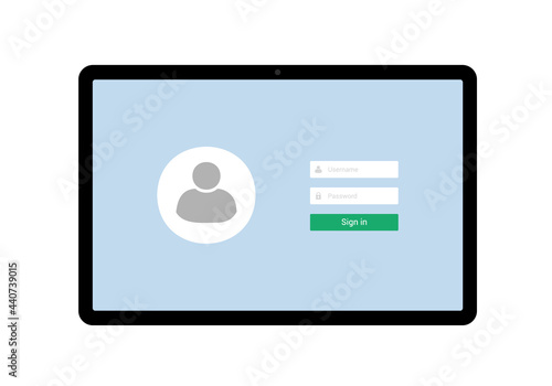 Flat design illustration of tablet with blue touch screen and login form for entering username and password, vector