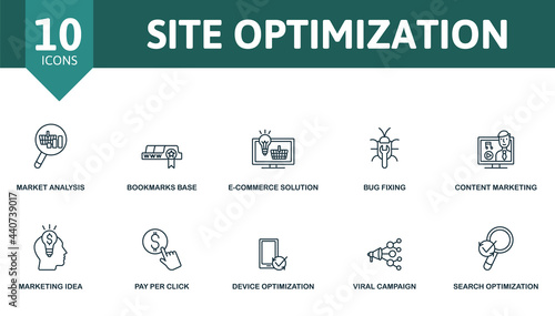 Site Optimization icon set. Contains editable icons seo theme such as market analysis, e-commerce solution, content marketing and more.