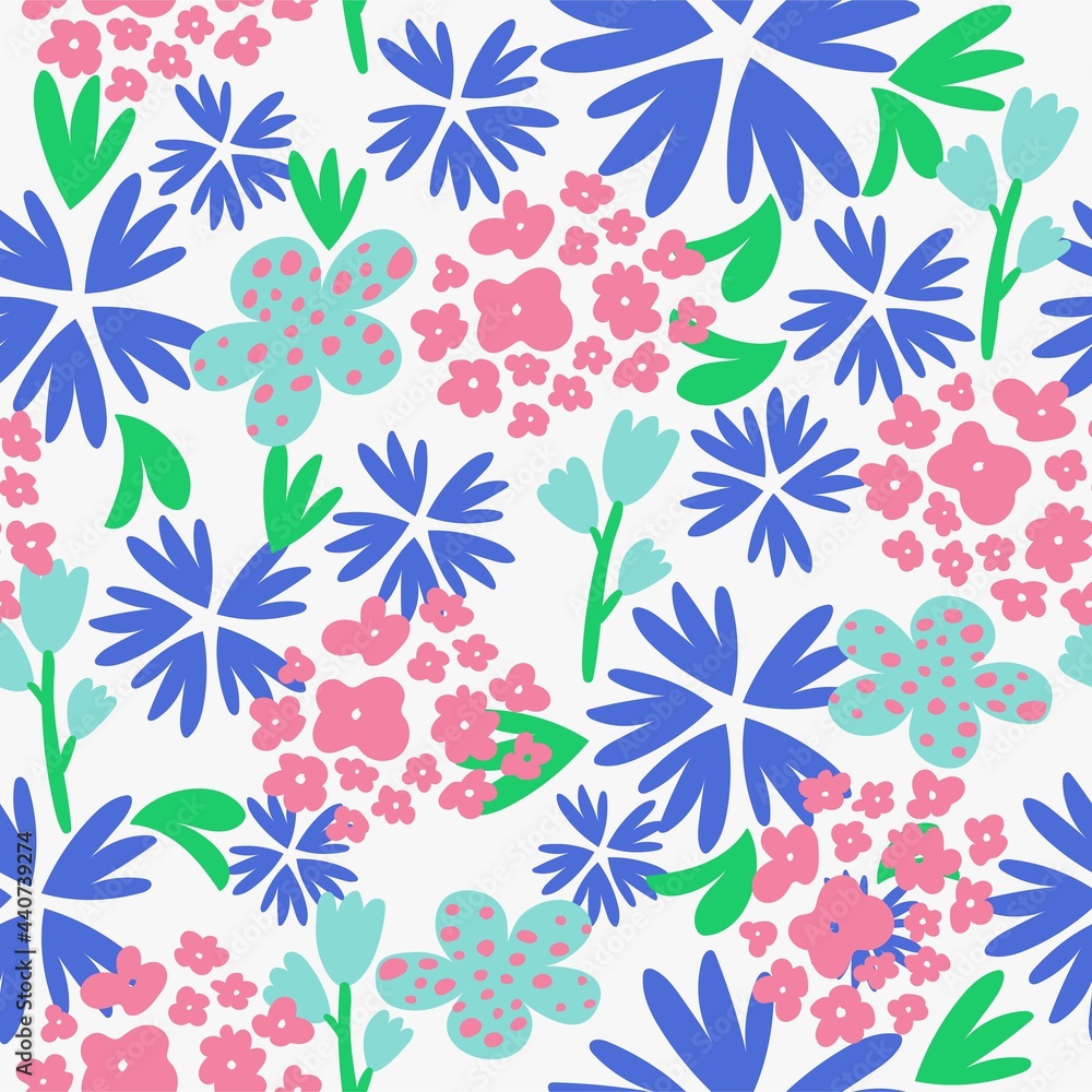 custom made wallpaper toronto digitalSeamless natural floral pattern, summer design, abstract blue flowers and green leaves on a white background. Hand drawing. Design for textiles, wallpapers, printed products. Vector illustration