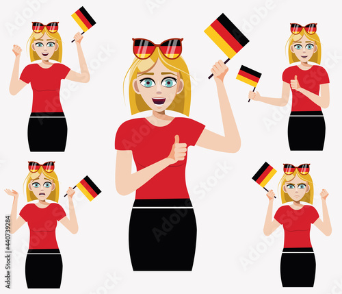 Cute girl with a Germany flag. A set of fan emotions. Vector illustration in cartoon style.