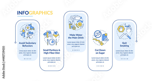 Diabetes prevention tips vector infographic template. Sedentary presentation outline design elements. Data visualization with 5 steps. Process timeline info chart. Workflow layout with line icons