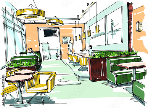 View of the cafe interior - hand-drawn sketch