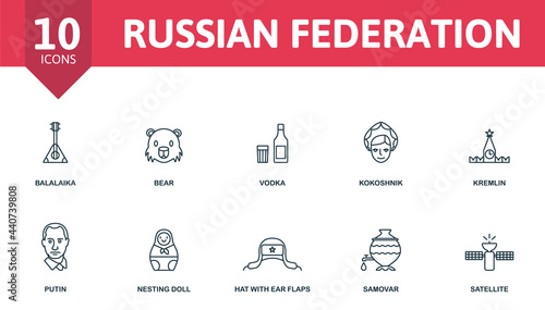 Russian Federation icon set. Contains editable icons russia theme such as balalaika, vodka, kremlin and more.