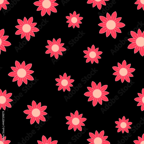 Decorative pink daisy flowers on a black background. Seamless floral summer pattern. Suitable for packaging, textile.