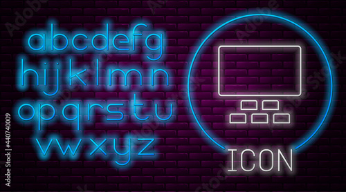 Glowing neon line Cinema auditorium with screen and seats icon isolated on brick wall background. Neon light alphabet. Vector
