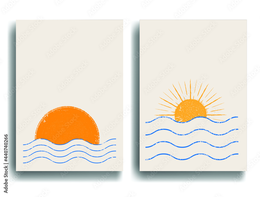 Minimal design element . Sun and blue abstract waves . Sunset logo element. Surfing icon . Brush stroke . Vector illustration. Minimal design element . Sun and blue abstract waves . Sunset logo element. Surfing icon . Brush stroke . Vector illustration.