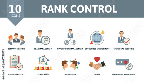 Rank Control icon set. Contains editable icons reputation management theme such as company meeting, opportunity management, personal solution and more.