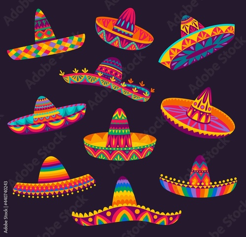 Cartoon Mexican sombrero, vector hats of mariachi musicians, latin men or cowboy charro. Mexican party or fiesta of Cinco de Mayo holiday festive sombreros, straw hats with bright ethnic patterns