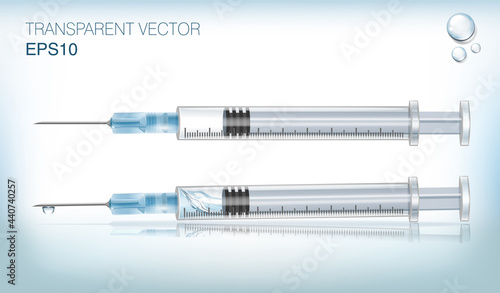Transparent vector medical syringe set. Illustration of medical syringes with needles and vaccine 