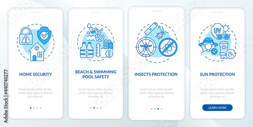 Summertime safety onboarding mobile app page screen. Home security walkthrough 4 steps graphic instructions with concepts. UI, UX, GUI vector template with linear color illustrations
