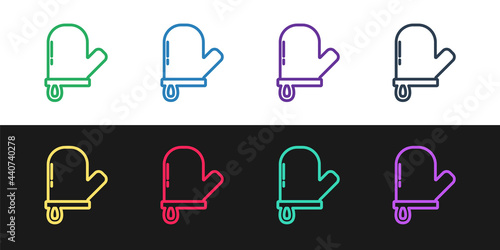 Set line Oven glove icon isolated on black and white background. Kitchen potholder sign. Cooking glove. Vector
