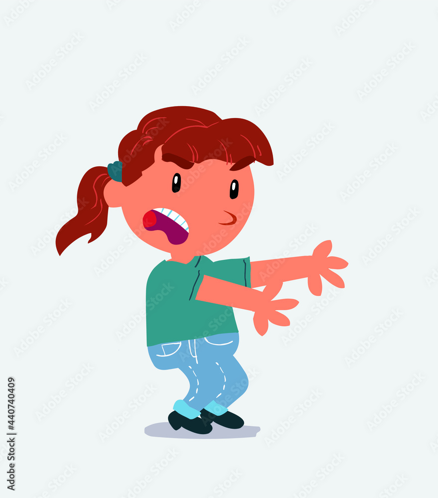 Very angry cartoon character of little girl on jeans pointing at something at side.