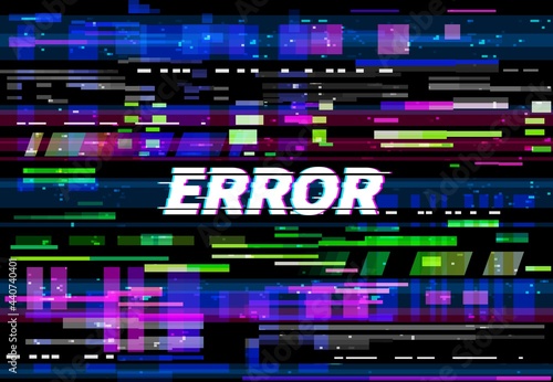 Glitch error screen vector background of VHS video problem with color pixel noise and lines. Digital glitch texture of computer data crash, tv no signal code, display failure, bug or fail