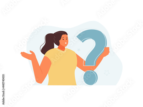 Puzzled girl with a question mark. Search for solutions and idea. Vector illustration