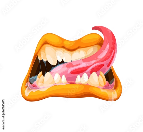 Cartoon monster jaws, mouth with teeth and tongue. Vector alien open toothy maw with gooey tongue licking yellow lips and sharp teeth. Scary os with dripping saliva, isolated crazy beast creepy gob photo
