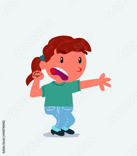 Very angry cartoon character of little girl on jeans pointing at something.