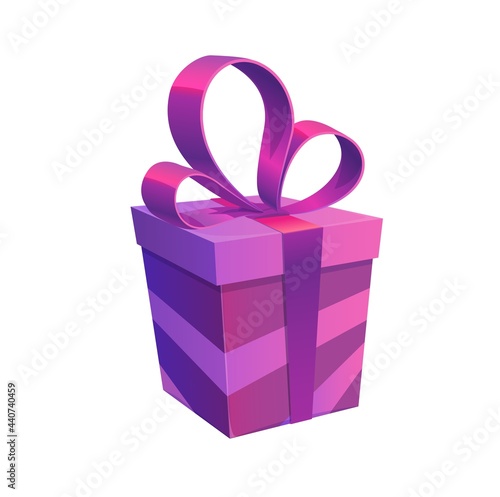 Purple holiday gift box with bow vector design. Isolated present package of Christmas or Xmas, Birthday, Valentine Day or anniversary surprise with festive wrapping paper and ribbon