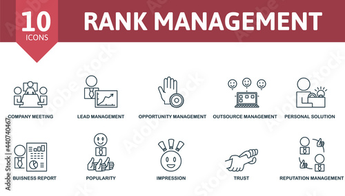 Rank Management icon set. Contains editable icons reputation management theme such as company meeting, opportunity management, personal solution and more.