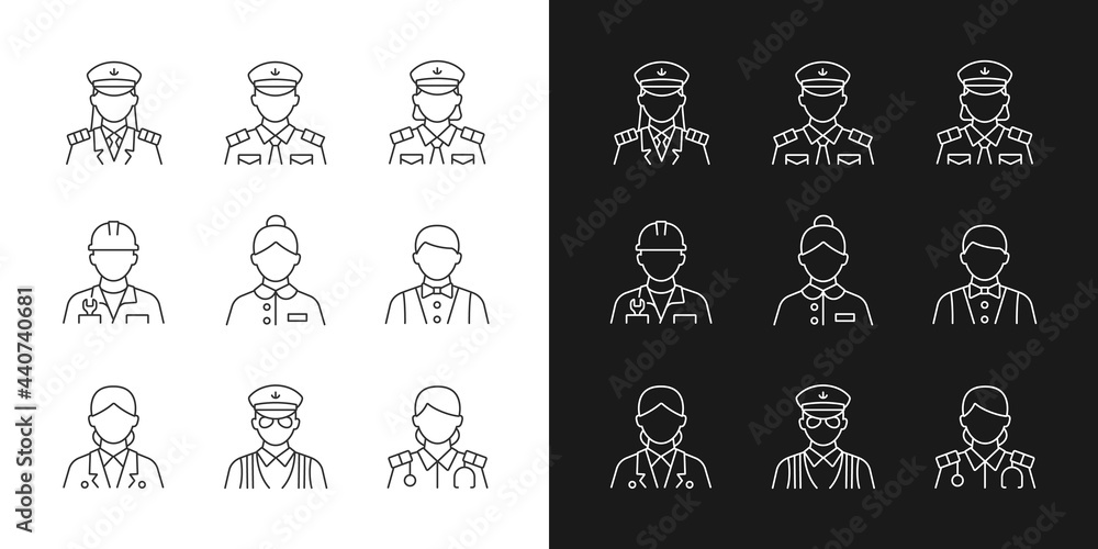 Ship staff linear icons set for dark and light mode. Providing services customers need. Controlling ocean trip. Customizable thin line symbols. Isolated vector outline illustrations. Editable stroke Ship staff linear icons set for dark and light mode. Providing services customers need. Controlling ocean trip. Customizable thin line symbols. Isolated vector outline illustrations. Editable stroke