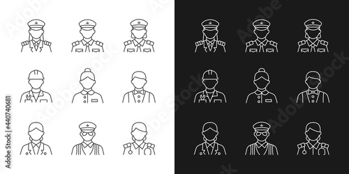 Ship staff linear icons set for dark and light mode. Providing services customers need. Controlling ocean trip. Customizable thin line symbols. Isolated vector outline illustrations. Editable stroke