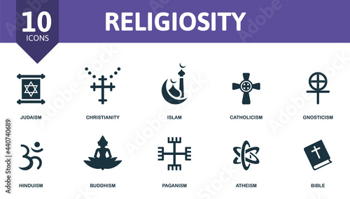Religiosity icon set. Contains editable icons religion theme such as judaism, islam, gnosticism and more.