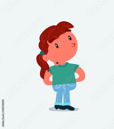 cartoon character of little girl on jeans doubting.