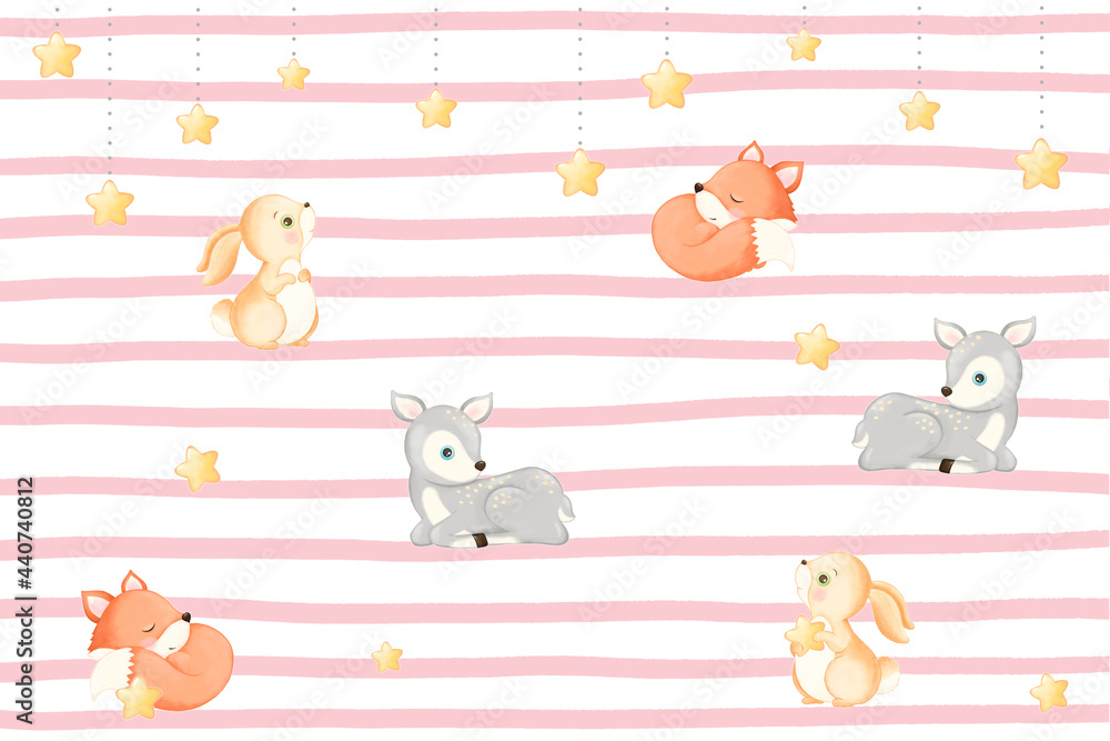 design for baby blanket, stars and cute little animals, baby animals, deer hare rabbit fox	
