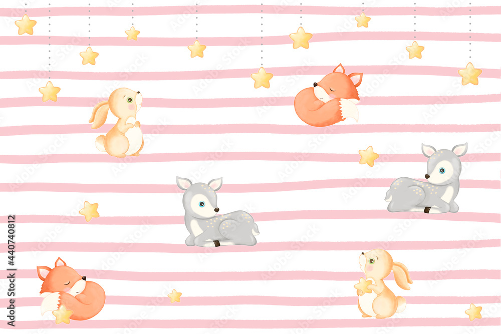 Fototapeta premium design for baby blanket, stars and cute little animals, baby animals, deer hare rabbit fox 