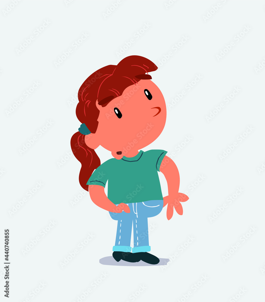 cartoon character of little girl on jeans looks with doubt and somewhat surprised cartoon character of little girl on jeans looks with doubt and somewhat surprised