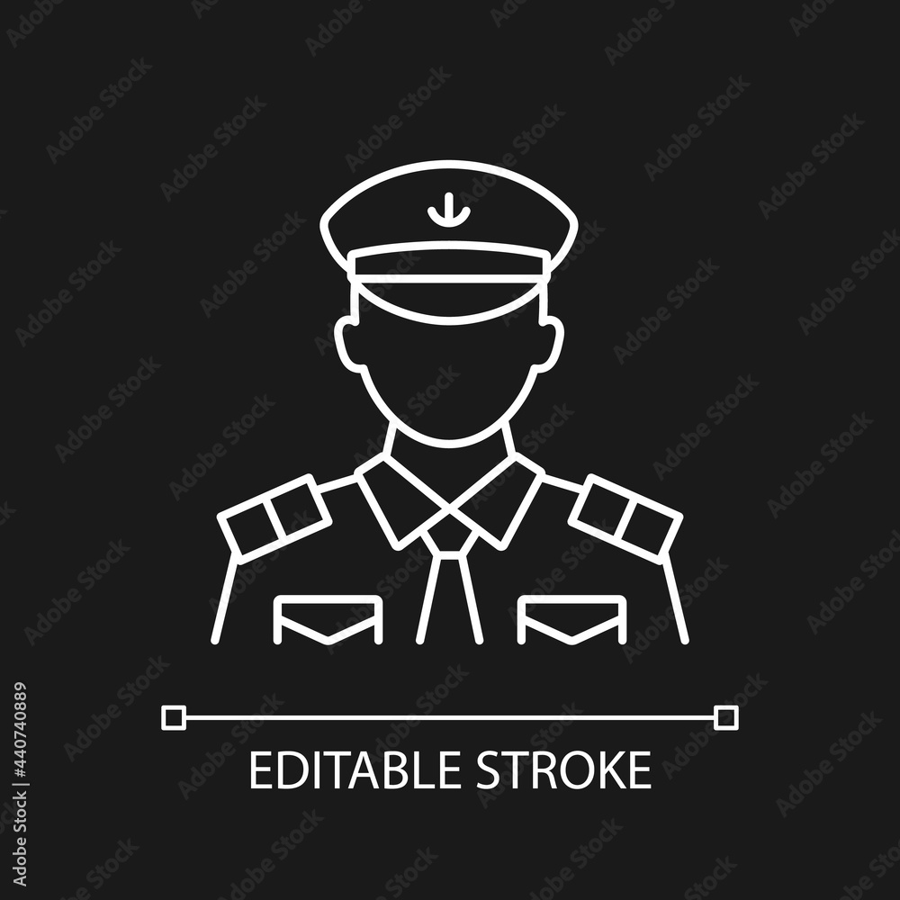 Male chief officer white linear icon for dark theme. Controlling crew. Cruise travel for visitors. Thin line customizable illustration. Isolated vector contour symbol for night mode. Editable stroke Male chief officer white linear icon for dark theme. Controlling crew. Cruise travel for visitors. Thin line customizable illustration. Isolated vector contour symbol for night mode. Editable stroke