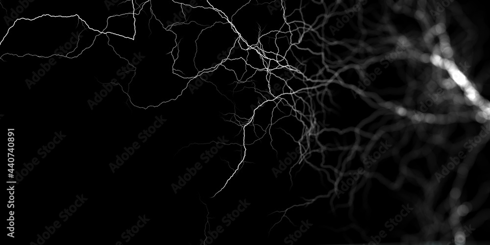 Abstract background with wavy lightning  lines on black. Banner for science and technology.