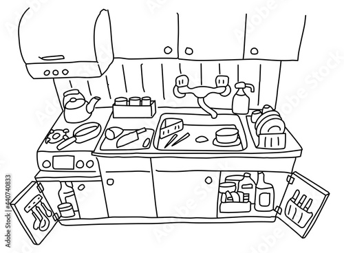 散らかったキッチンの線画イラスト
