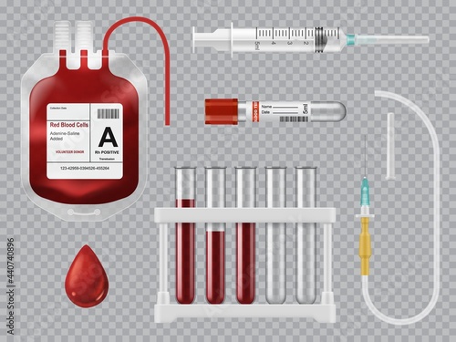 Blood donation, transfusion and testing equipment. Realistic vector blood bag with red cells, laboratory and vacutainer collection tube, injection set with needle, syringe and blood droplet photo