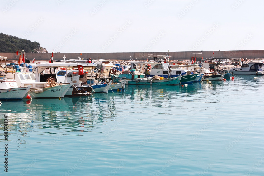 Antalya, Turkey, May 23, 2021. Pleasure boats and yachts in the blue sea.
