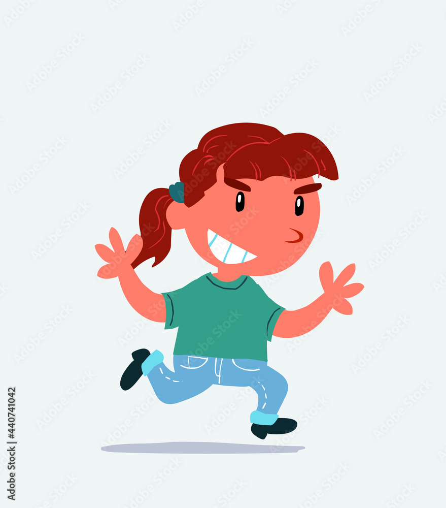 cartoon character of little girl on jeans running very pleased. cartoon character of little girl on jeans running very pleased.