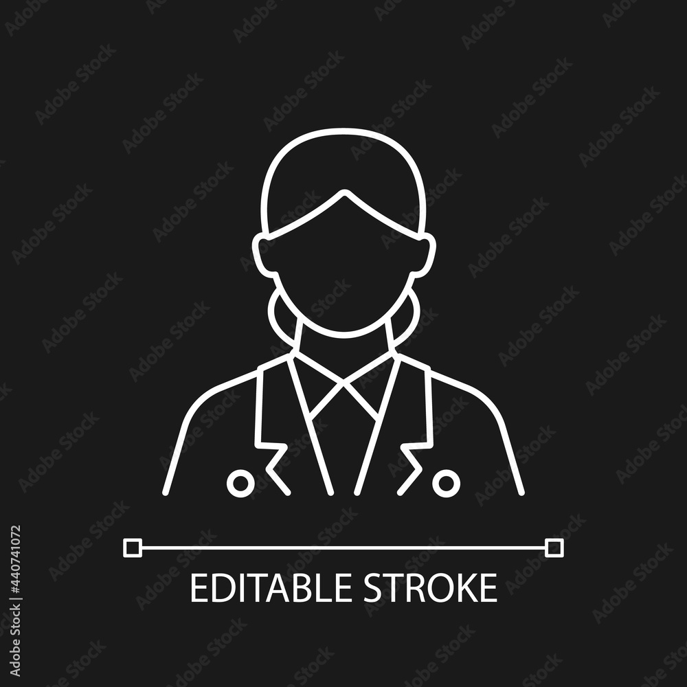 Cruise ship hostess white linear icon for dark theme. Creating comfortable place during vacation. Thin line customizable illustration. Isolated vector contour symbol for night mode. Editable stroke Cruise ship hostess white linear icon for dark theme. Creating comfortable place during vacation. Thin line customizable illustration. Isolated vector contour symbol for night mode. Editable stroke