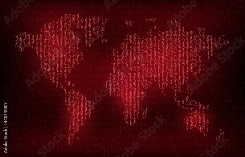 Digital binary code vector world map, cyber digital and future technology background. Futuristic Earth globe map with red glowing 1 and 0 numbers, abstract neon continents with data stream patterns