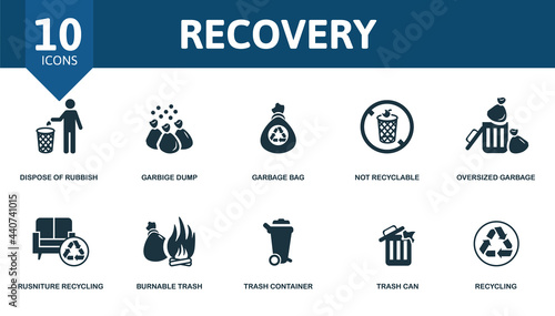 Recovery icon set. Contains editable icons recycling theme such as dispose of rubbish, garbage bag, oversized garbage and more. photo