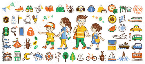 夏休み　家族旅行　アイコンイラスト　セット