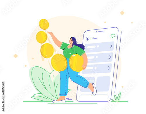 Young woman carrying five golden coins from app and enjoying profits as an investor. Flat vector illustration of people who use banking and stock exchange apps for investing online. Isolated on white