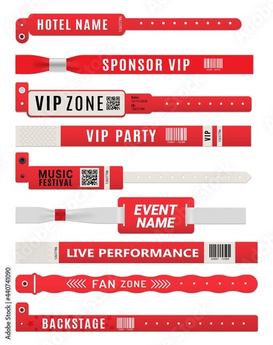 Wristband bracelets, event entrance pass mockup. Plastic tags, bands for arm or security badge vector templates. Music festival, VIP party invitation, live performance fan zone and backstage pass