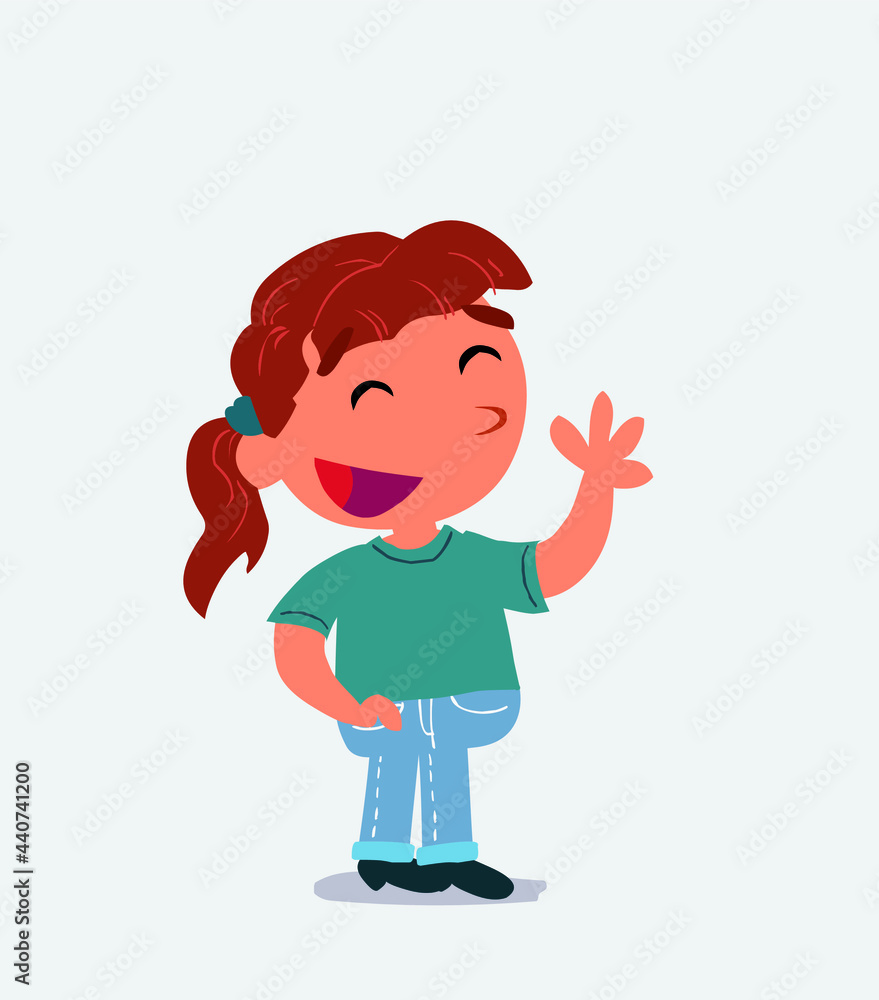 cartoon character of little girl on jeans waving informally while smiling cartoon character of little girl on jeans waving informally while smiling