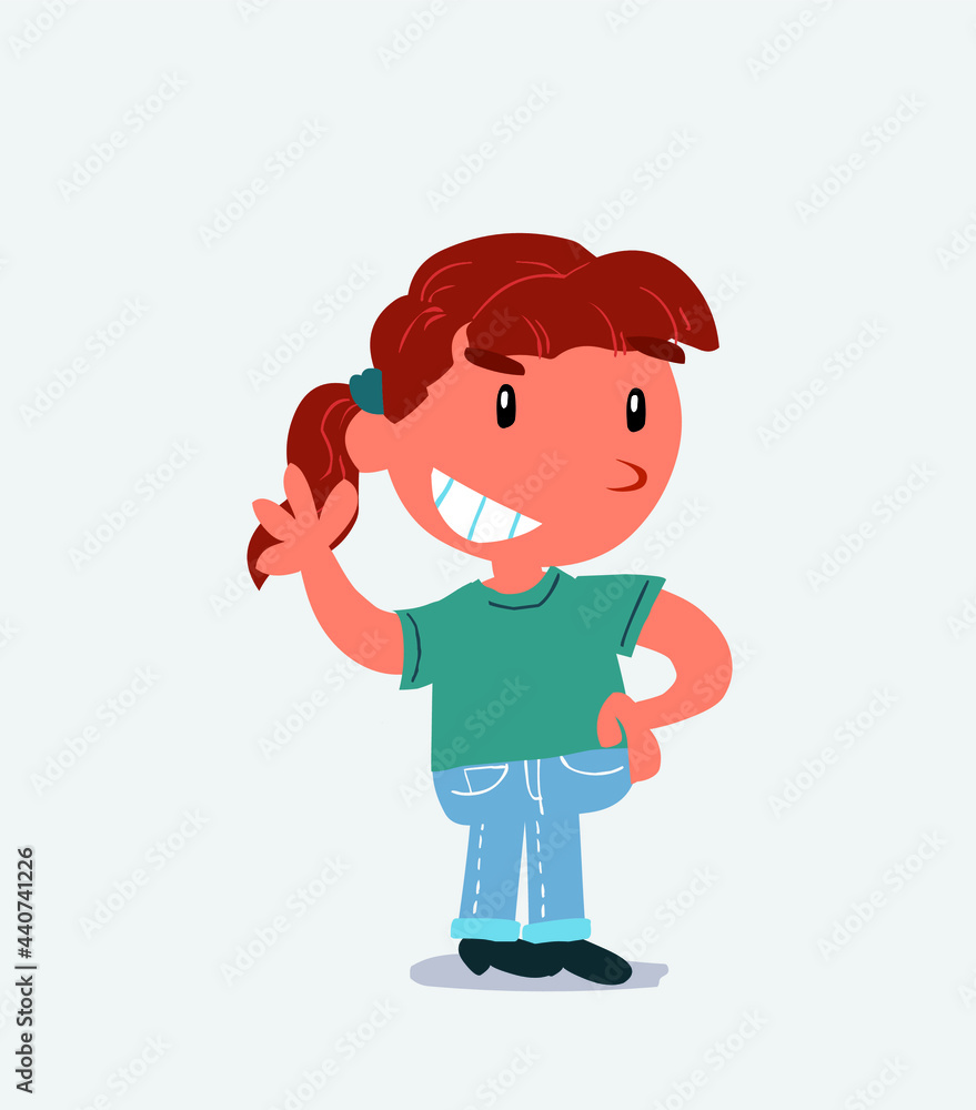 cartoon character of little girl on jeans waving while smiling. cartoon character of little girl on jeans waving while smiling.